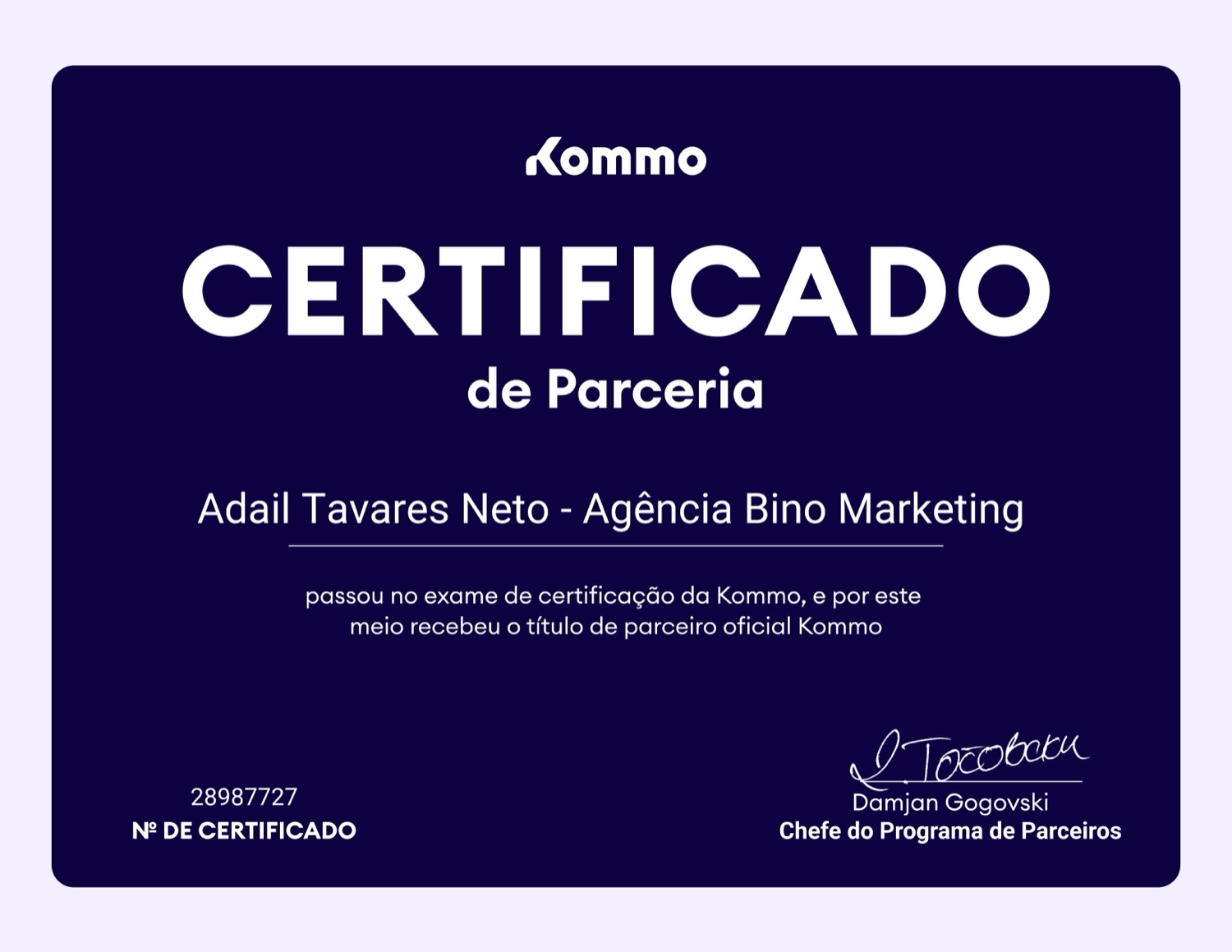 Certificado de parceria Kommo CRM