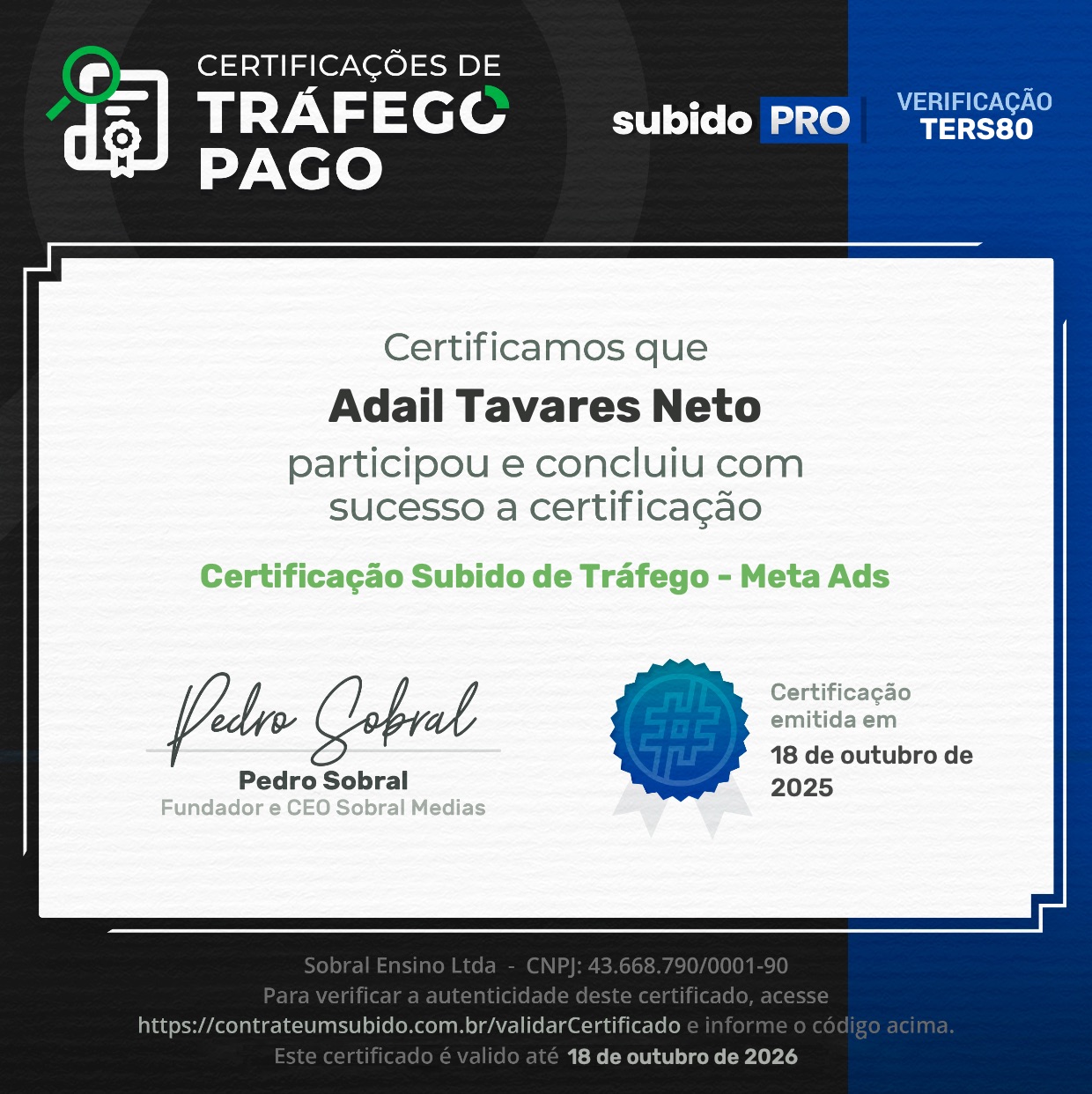 Certificado de tráfego Meta Ads